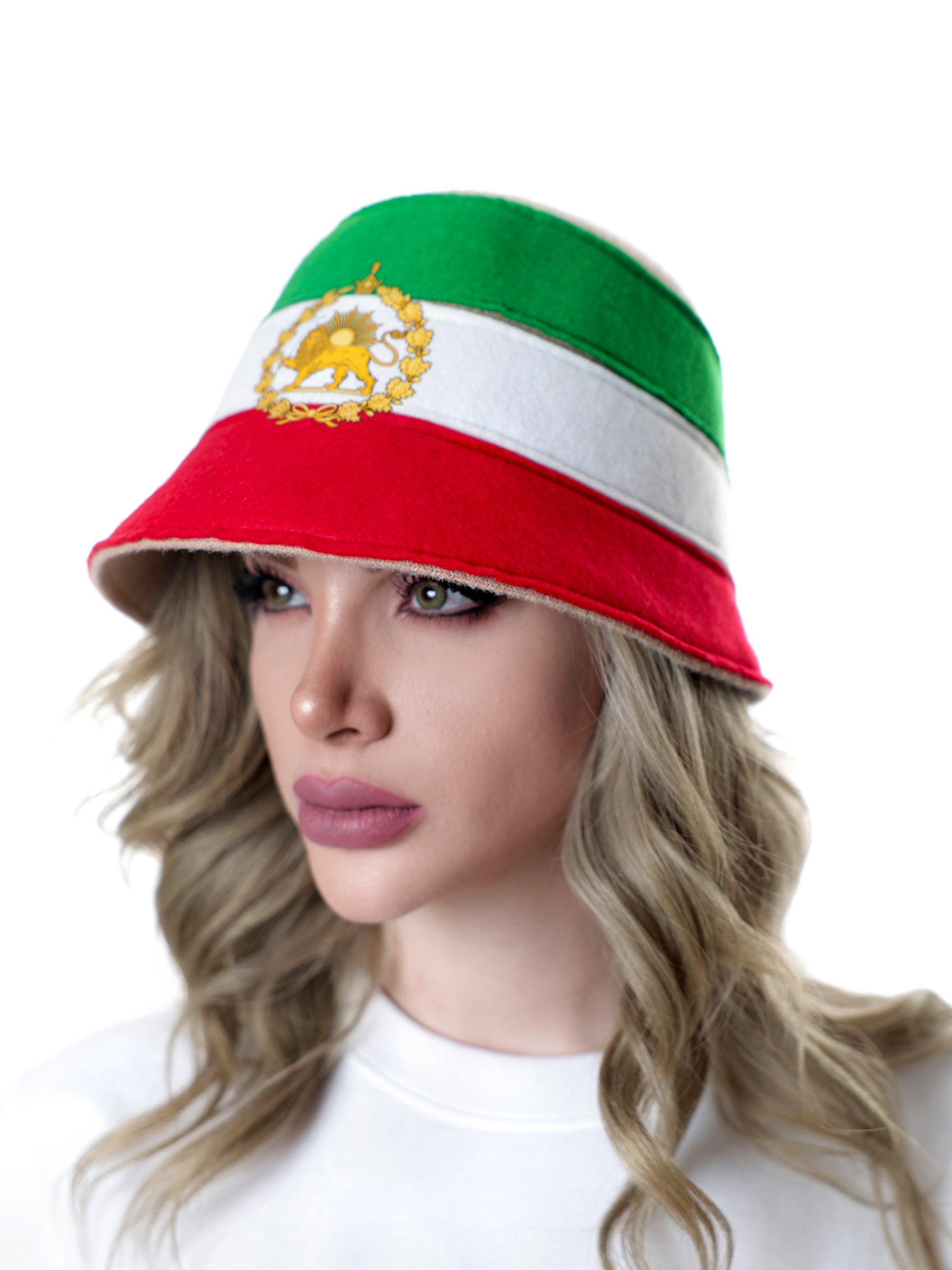 Woman shown from shoulders up looking slightly to the right, wearing a beige-base Persian-Iranian flag cloche hat, angled profile view.