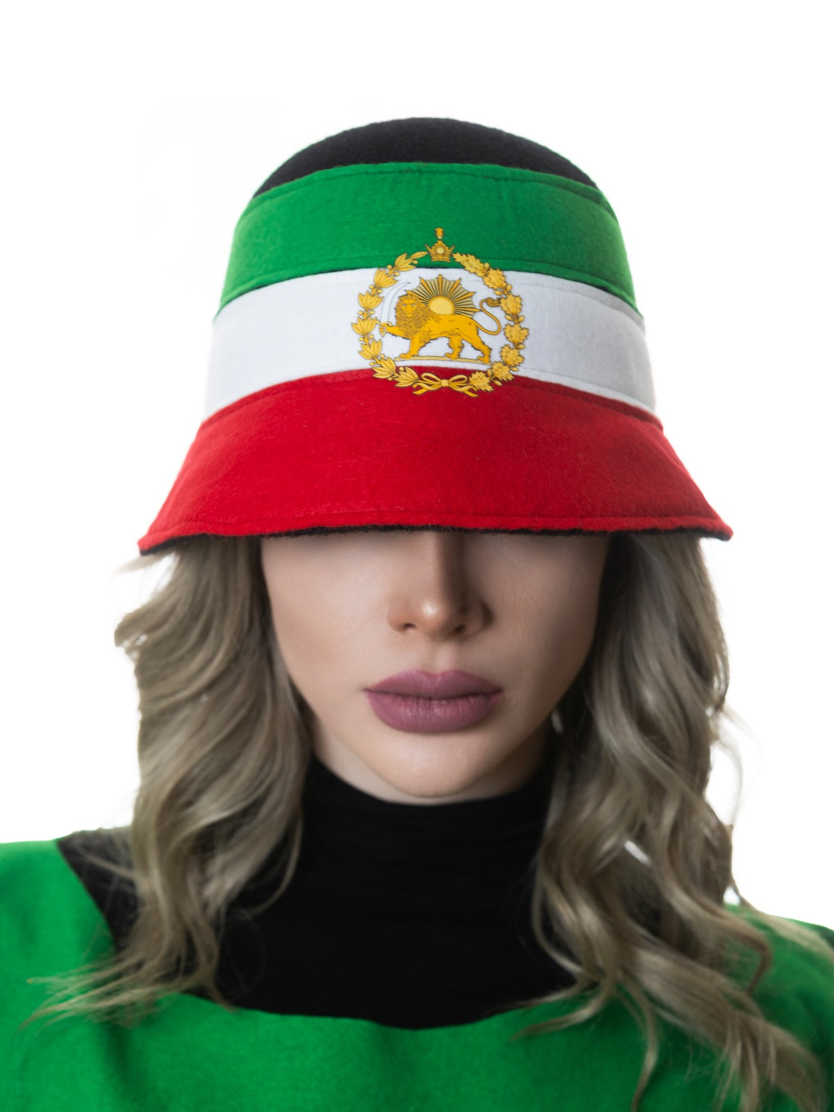 Woman facing the camera from shoulders up wearing a black cloche hat with a Persian-Iranian flag detail, front view clearly showing the hat design.