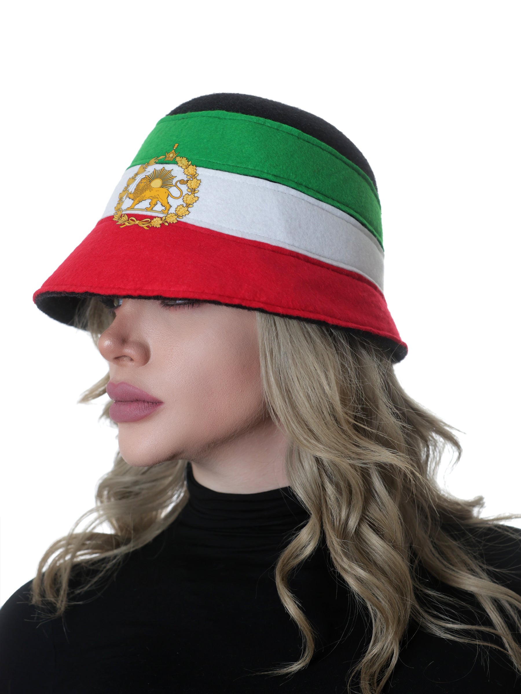 Woman shown from shoulders up looking to the right, wearing a black cloche hat with a Persian-Iranian flag, side profile view.