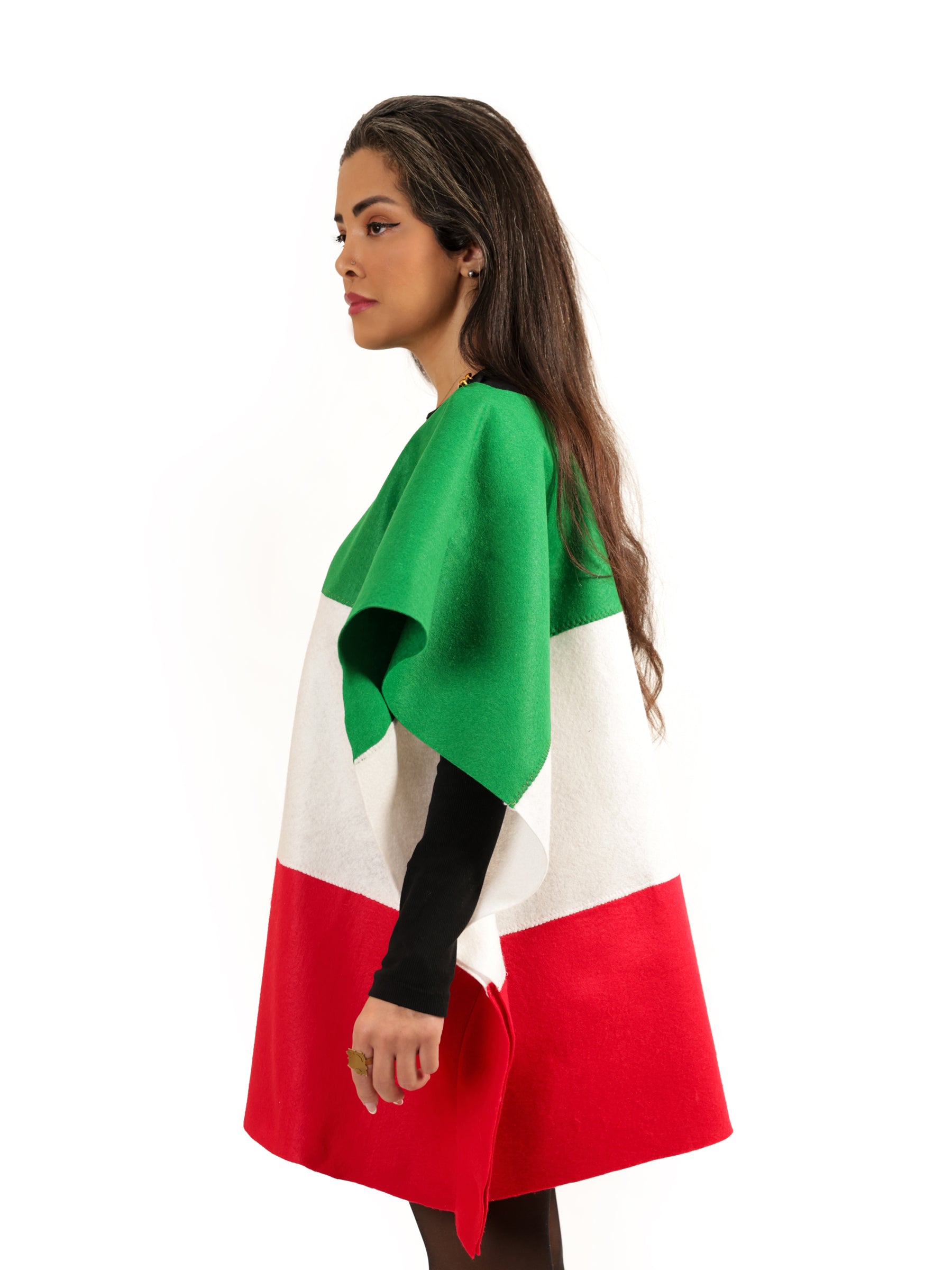 Woman shown from knees up in a right side profile view, wearing an Iranian Persian flag poncho, displaying the full flag design.