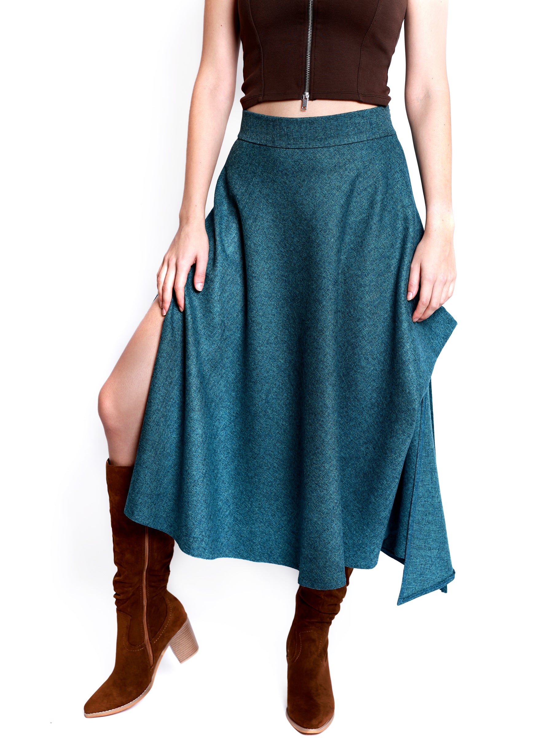Front view of a teal blue heather midi skirt shown from chest to hem, emphasizing movement.